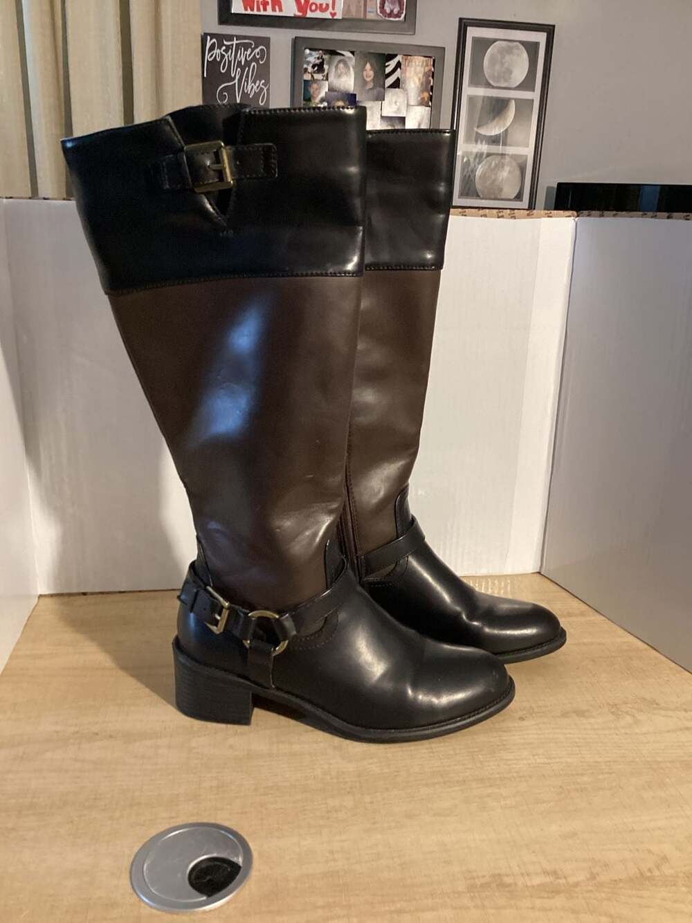 Chaps Women's Two-Tone Black and Brown Knee-High Riding Boots with Buckle Accent